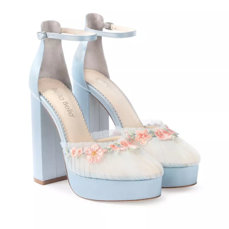 blue wedding shoes with tulle and cherry blossoms