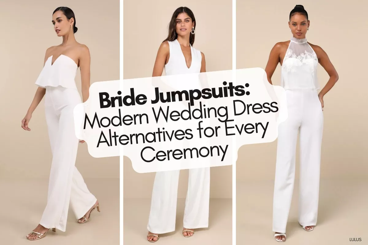 Bride wearing modern white jumpsuit with wide-leg pants and lace bodice, perfect for weddings