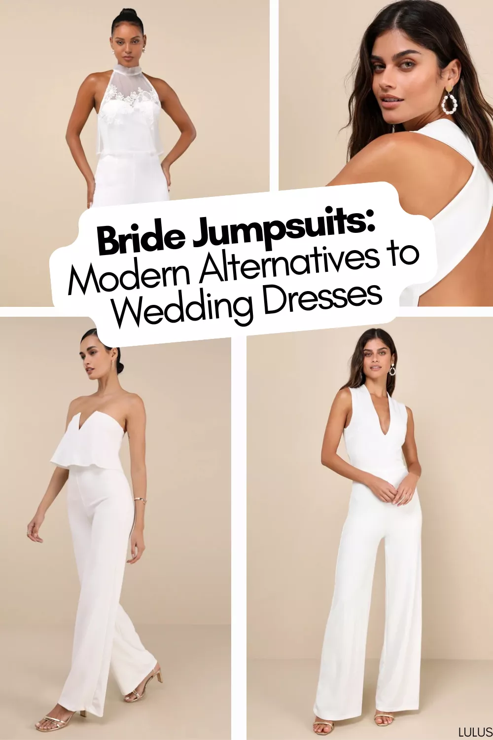 Bride wearing a modern white jumpsuit with wide-leg pants and lace bodice, perfect for city weddings, courthouse ceremonies, or fashion-forward bridal receptions
