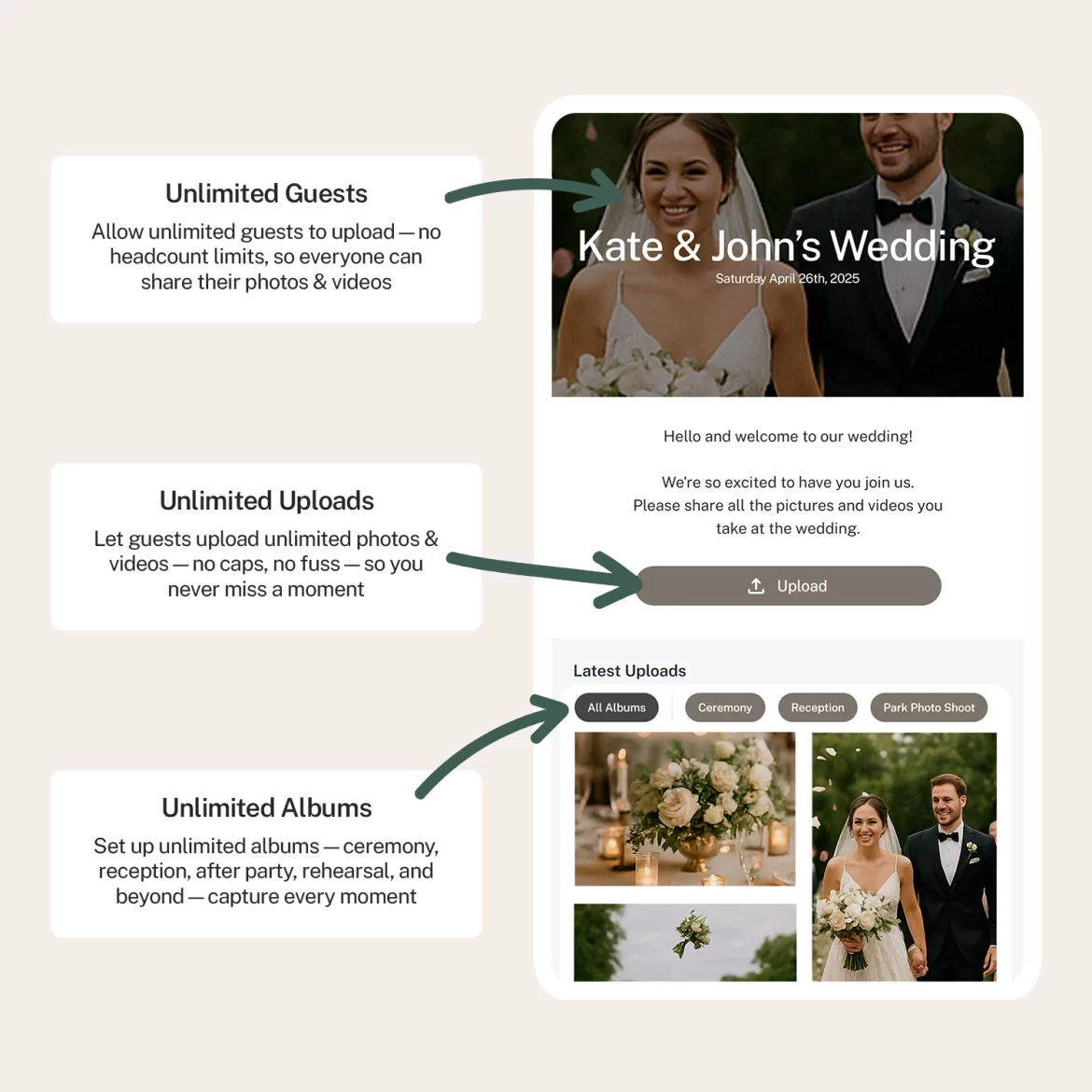 Bride smiling while viewing wedding photos uploaded by guests