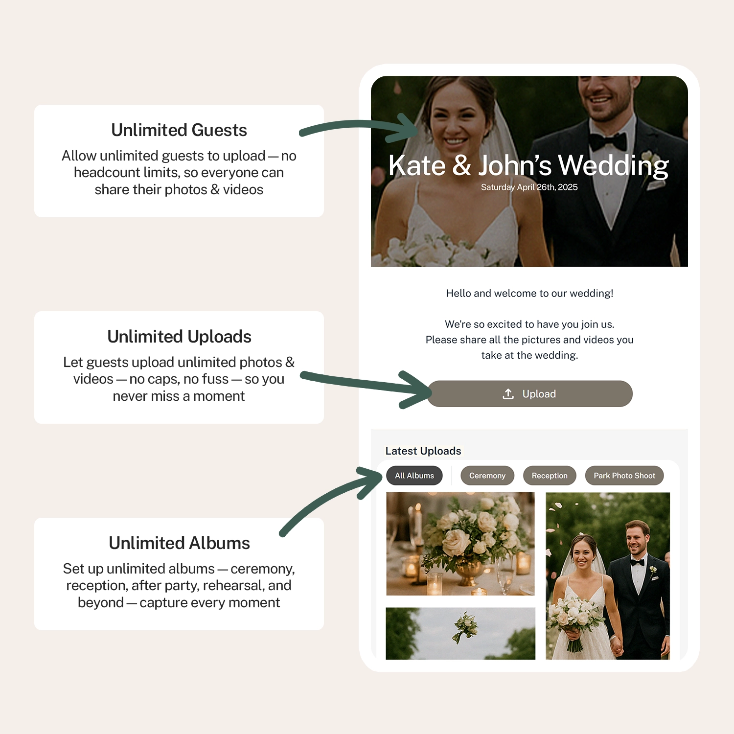 Bride smiling while viewing wedding photos uploaded by guests