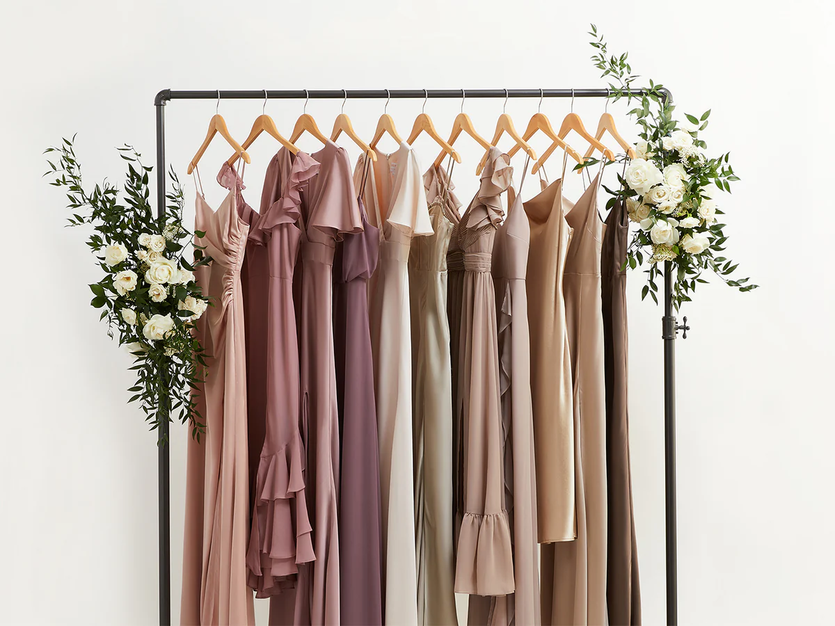 Bridesmaid dress swatches shown in daylight vs indoor lighting for color accuracy