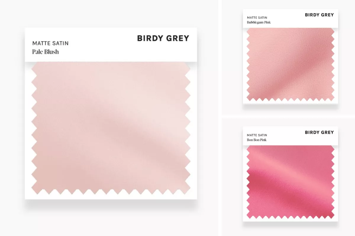 Close-up of bridesmaid dress fabric swatches showing texture and color