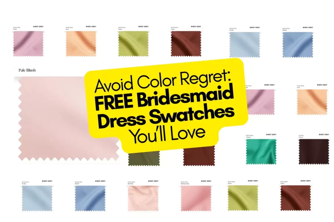 Flat lay of bridesmaid dress swatches in multiple colors for wedding planning