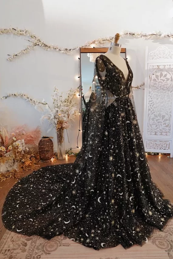 Celestial wedding dresses with black color and v-neckline