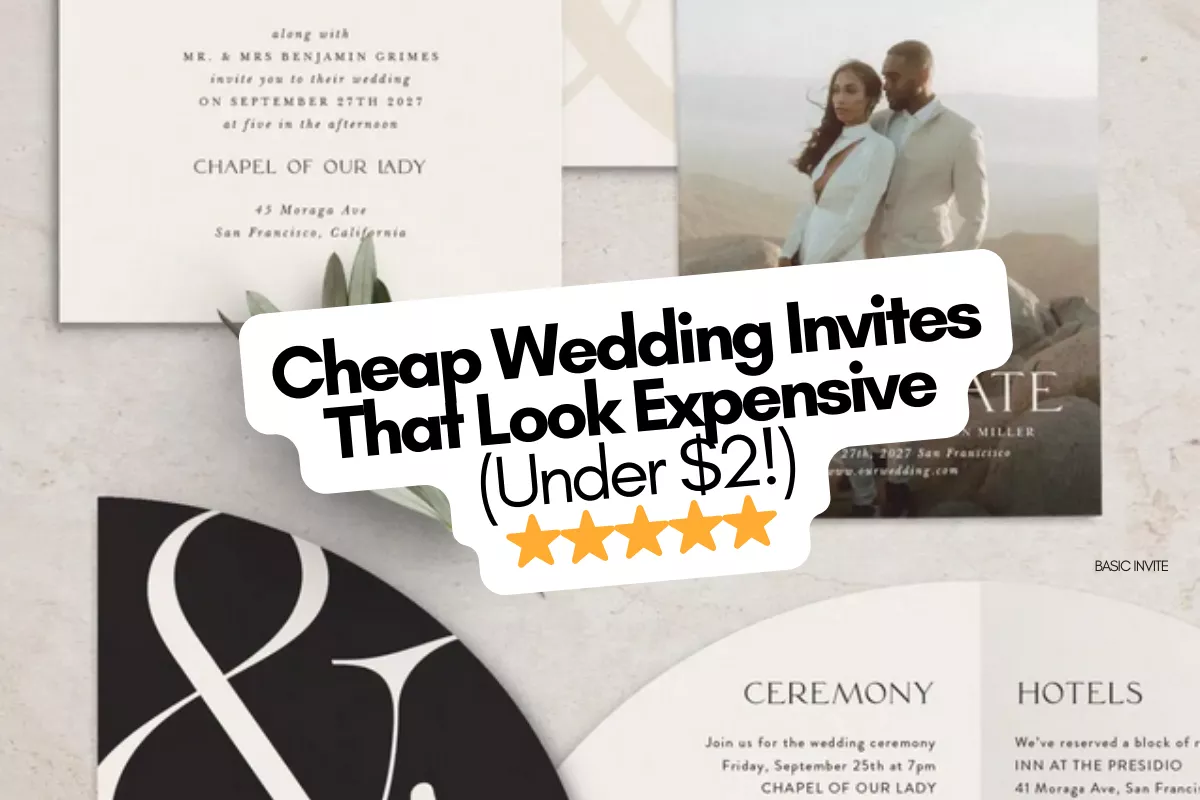 Flat lay of affordable wedding invitations under $2 each, featuring minimalist and floral designs with envelopes and ribbon
