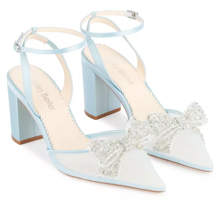 bridal block heels in blue with a crystal bow on top