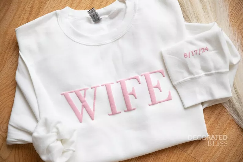 embossed mrs sweatshirt in white with pink lettering