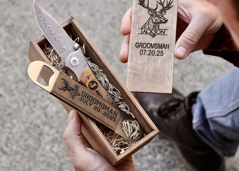 Engraved pocket knife groomsmen gift with personalized handle for outdoor and everyday use