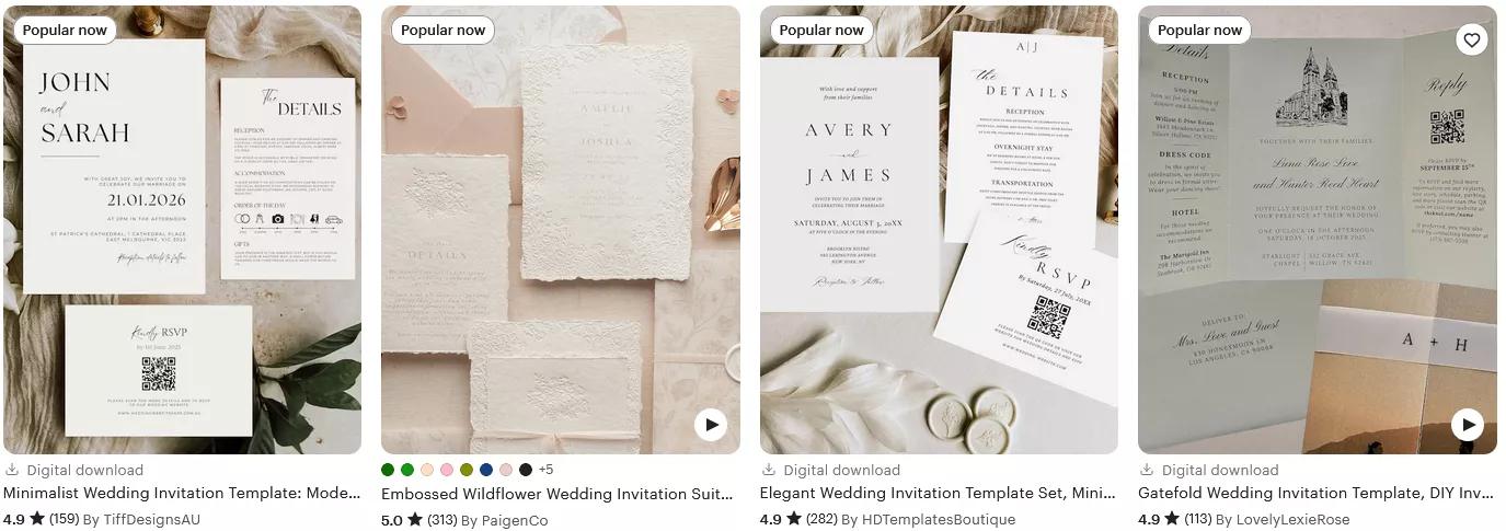 Affordable printable wedding invitations from Etsy with unique designs