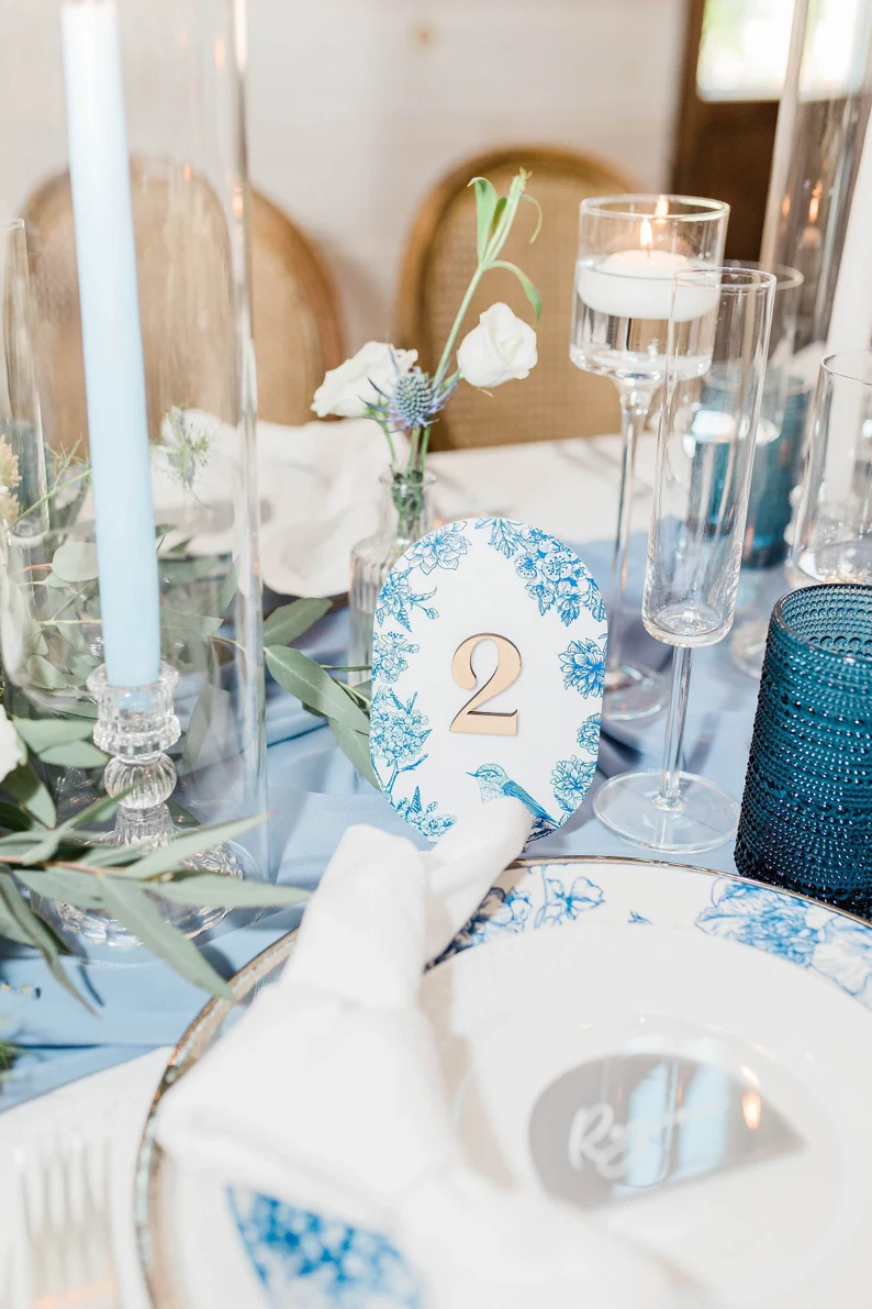 blue toile wedding table numbers