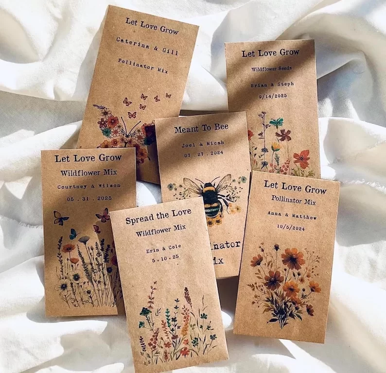 Fresh Off the Market bridal shower favor seed packets with wildflower accents