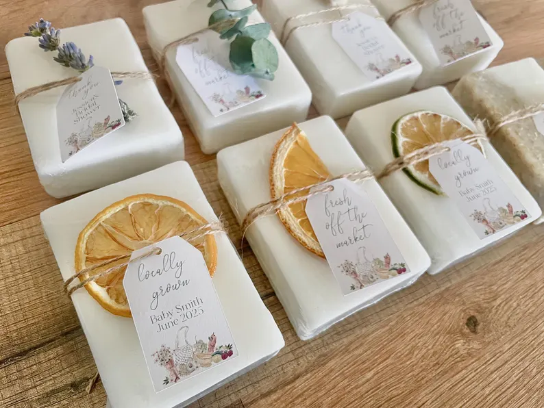 Fresh Off the Market bridal shower favors including handmade soaps with favor tags