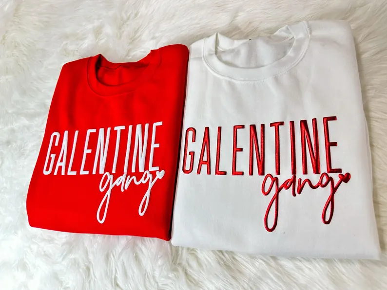 galentine gang puffy text sweatshirt as a trendy and fun galentine’s day gift
