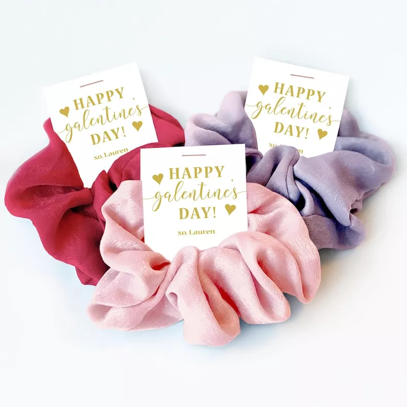colorful and cute galentine’s day scrunchies as a fun gift for friends