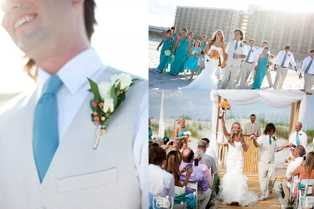 groomsmen at a beach wedding wearing dress shirts, khaki pants, and ties