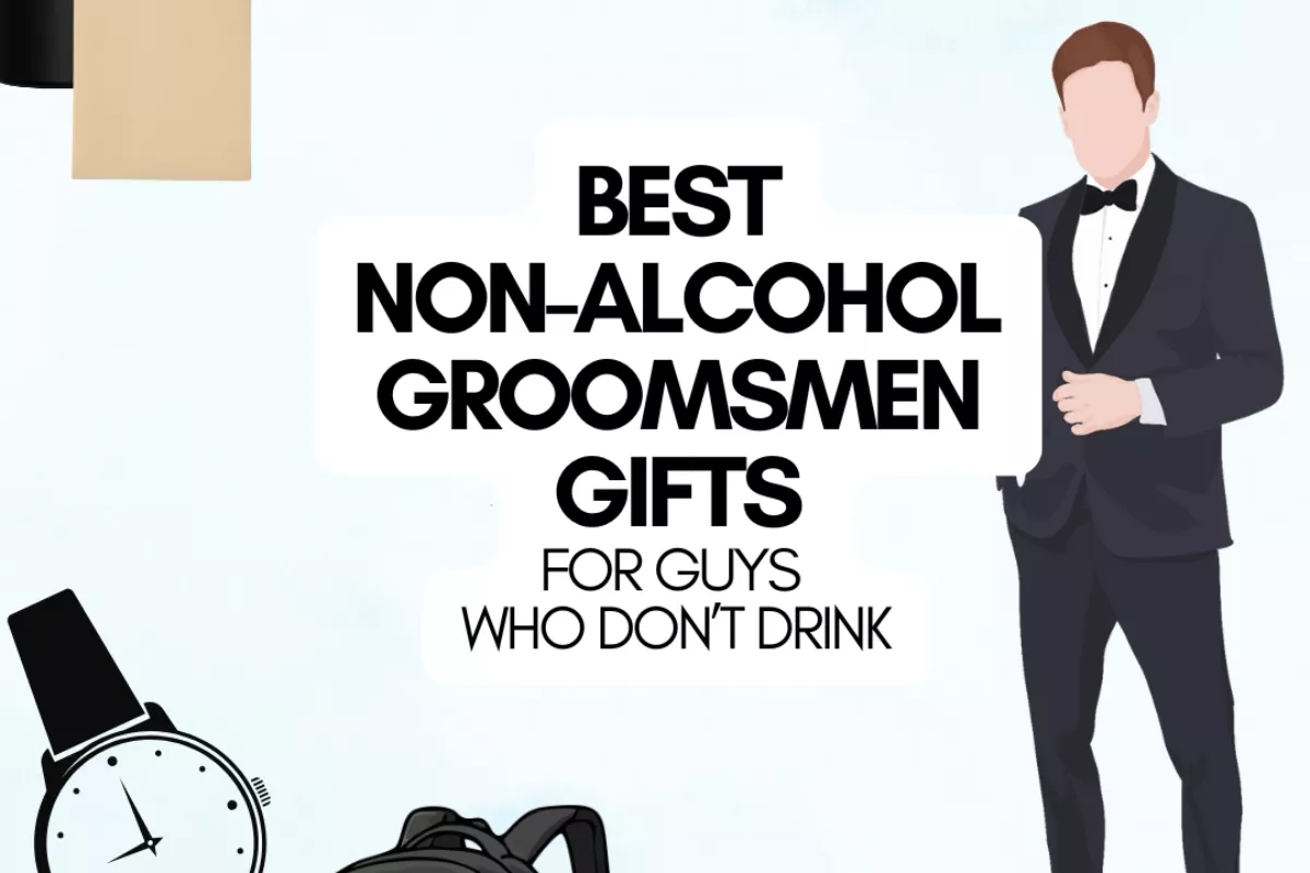Non-alcoholic groomsmen gift set including personalized cooler bag, cufflinks, and watch