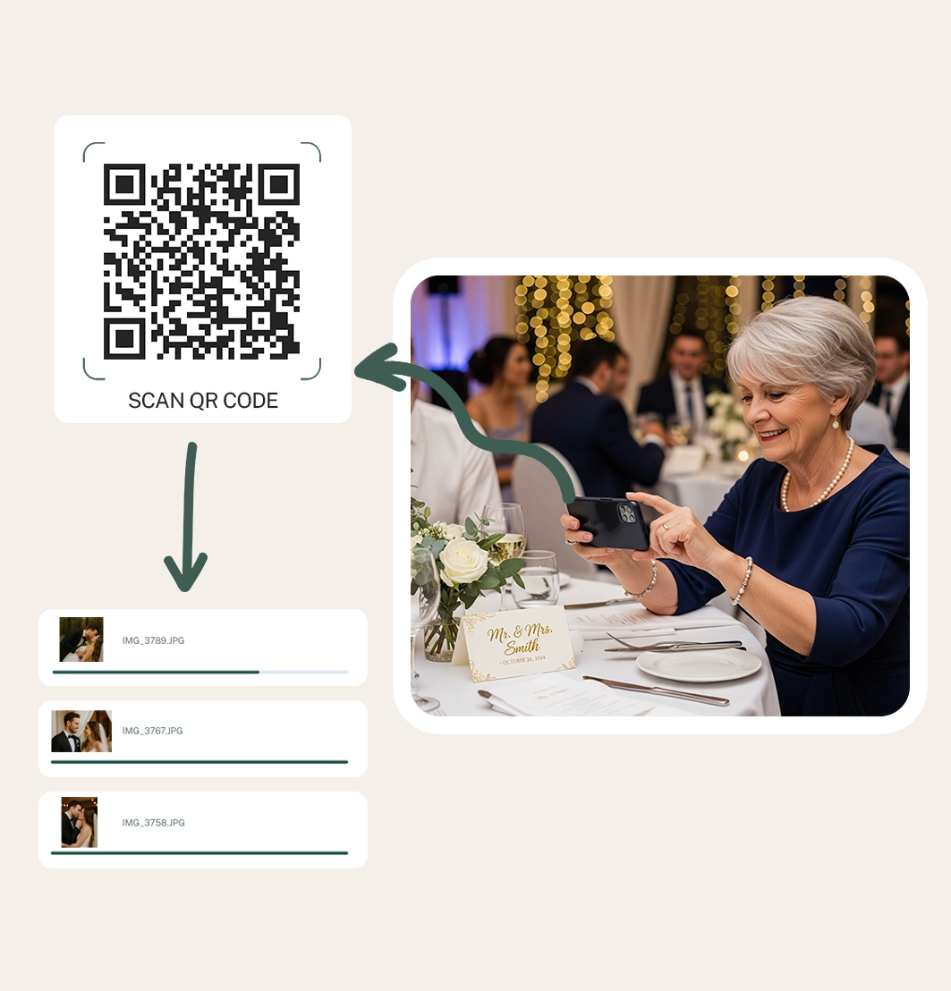 Wedding guests scanning a QR code to upload photos
