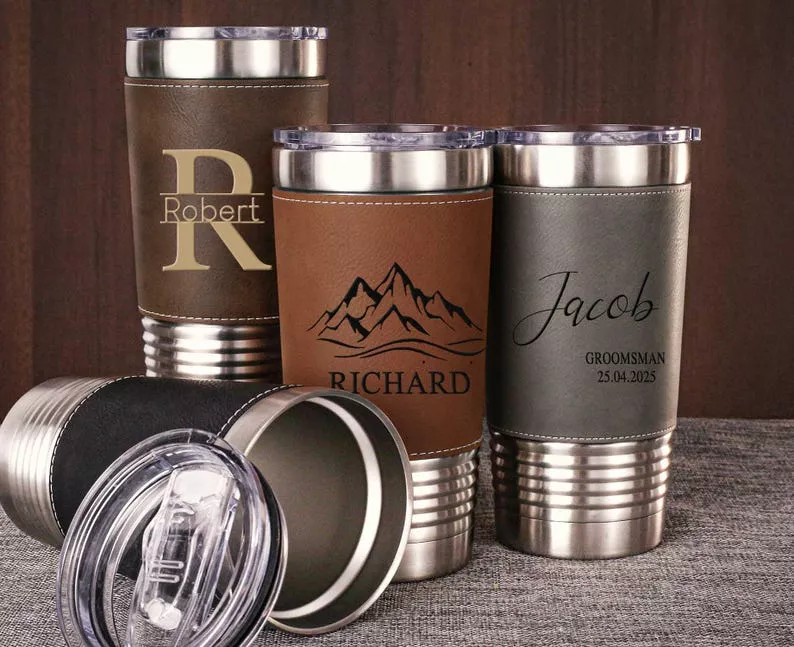Travel mug tumbler for personalized groomsmen gift that does not involve alcohol