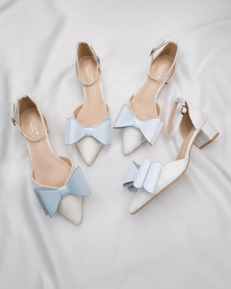 Ivory lace low block kitten heels with blue bow