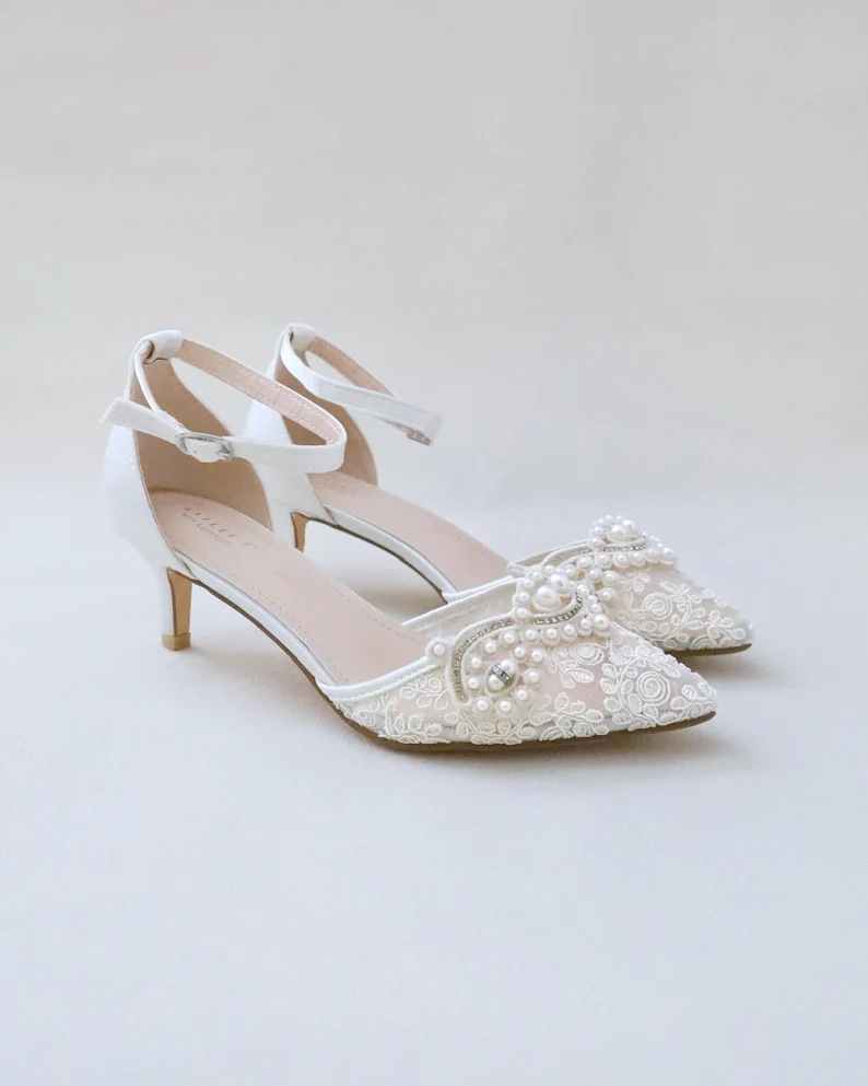 Ivory crochet kitten heels adorned with delicate pearls for brides