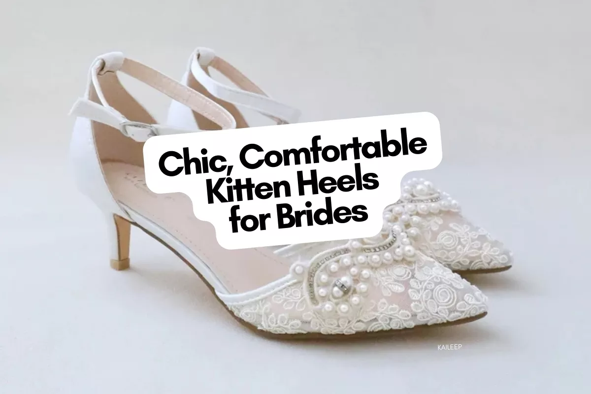 Ivory lace kitten heels worn by a bride on her wedding day
