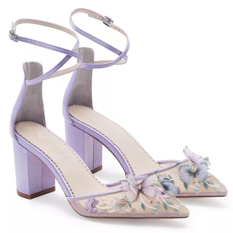 Bridal block heels in purple with butterflies