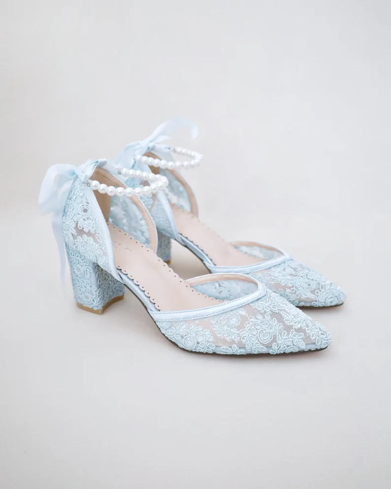 Blue crochet lace block heels