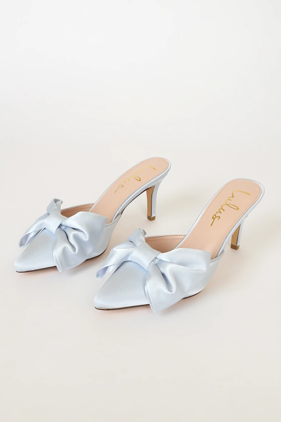 low heel blue satin mules