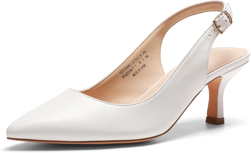 Low kitten heel satin slingback pumps