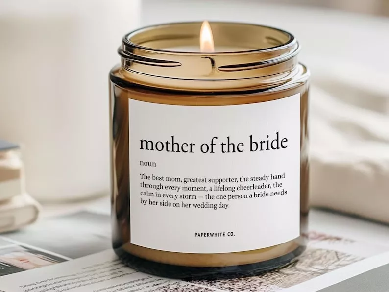 Custom scented candle with "Mother of the Bride" label and loving definition