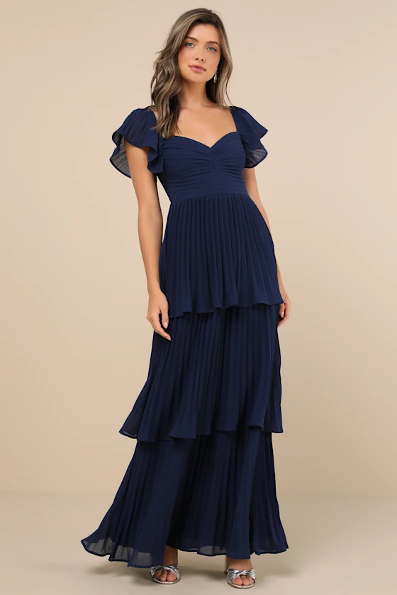 Navy chiffon flutter sleeve bridesmaid dress