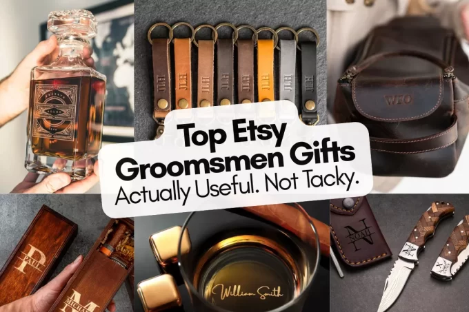 Curated non-tacky Etsy groomsmen gifts including leather wallet, Damascus knife, whiskey glass, and weekender bag