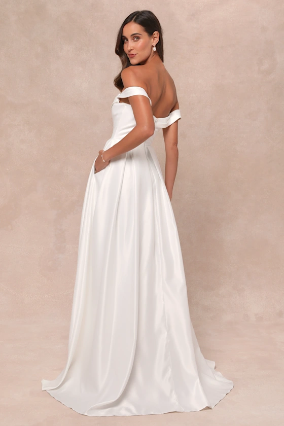 off-the-shoulder satin wedding dress