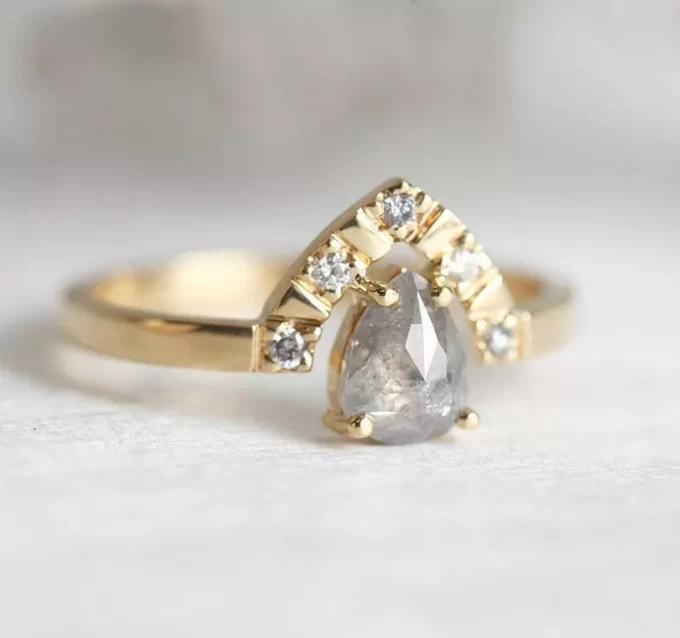 Capucinne pear grey diamond ring, white diamond halo, 18k gold