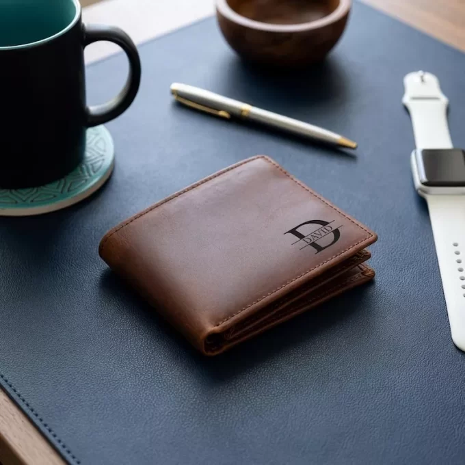 personalized leather wallet groomsmen gift from Etsy with subtle initials