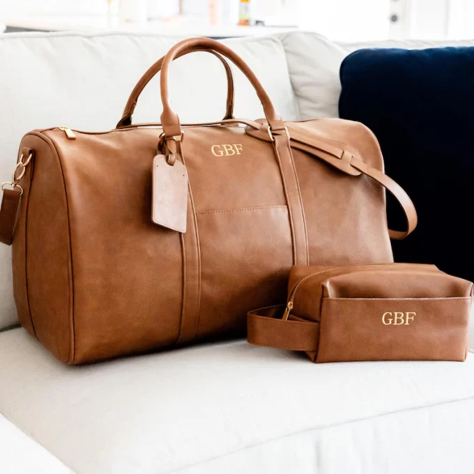 personalized leather weekender bag groomsmen gift with subtle initials