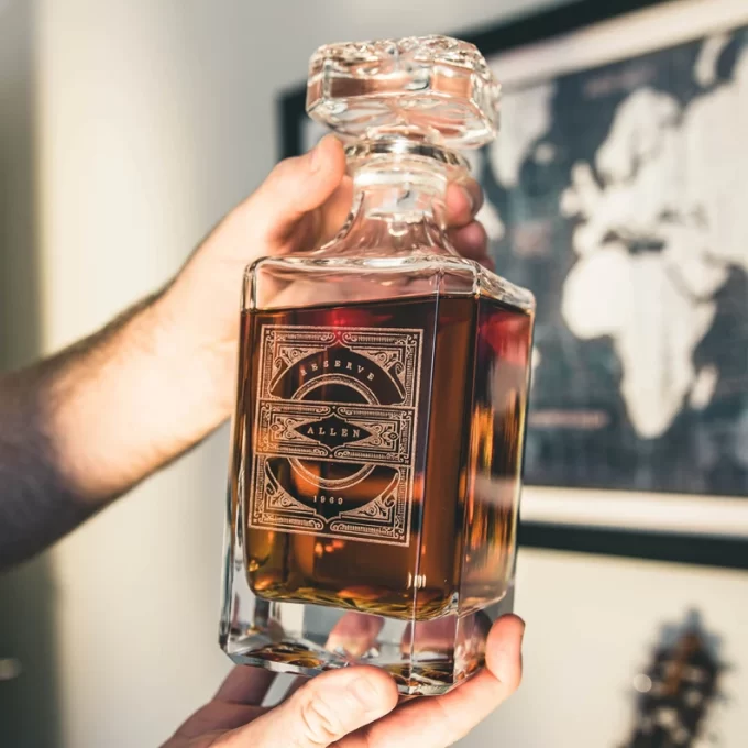 personalized whiskey decanter groomsmen gift with clean modern engraving