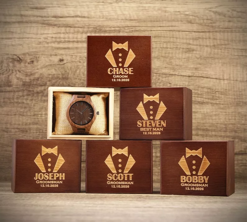 Engraved wooden watch groomsmen gift for wedding day, personalized with initials or wedding date