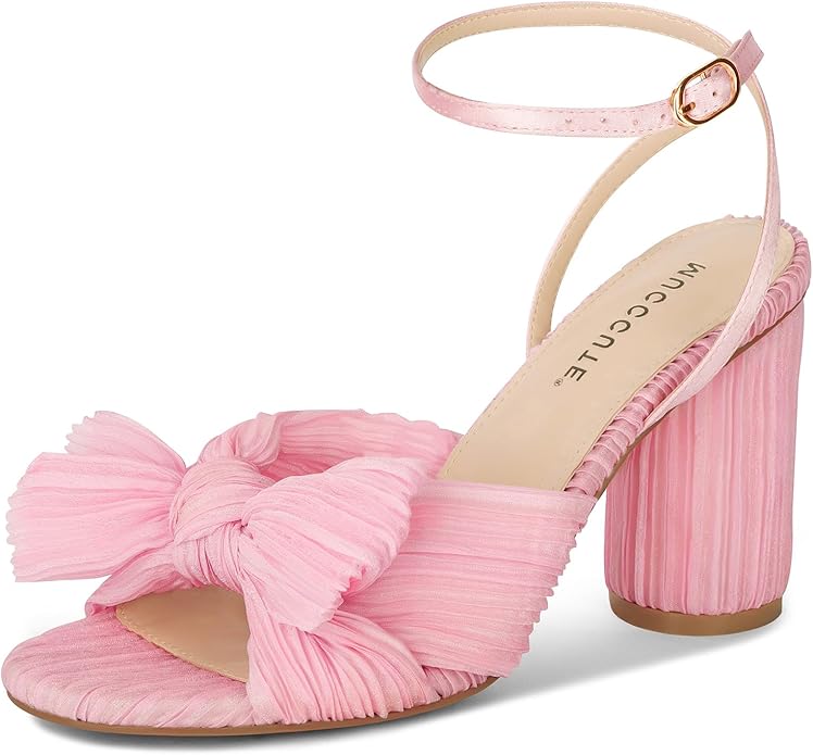 pink pleated bow block heels