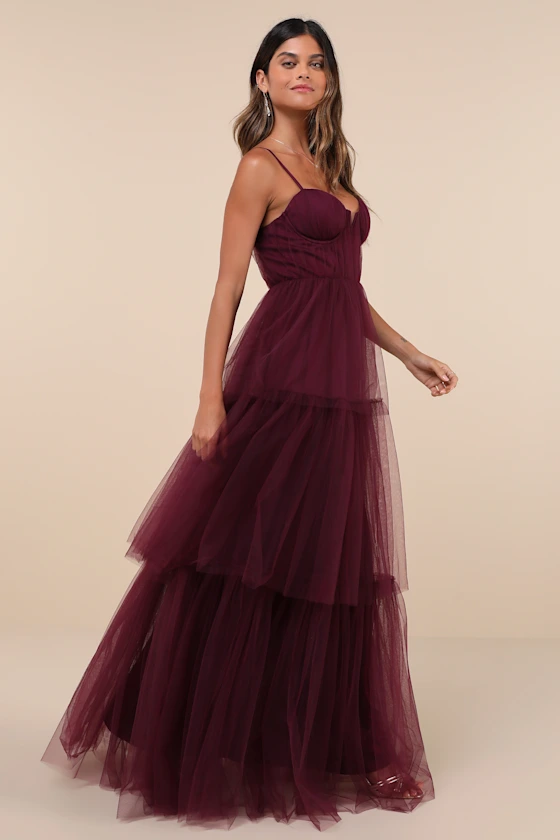 Plum maxi tulle bridesmaid dress