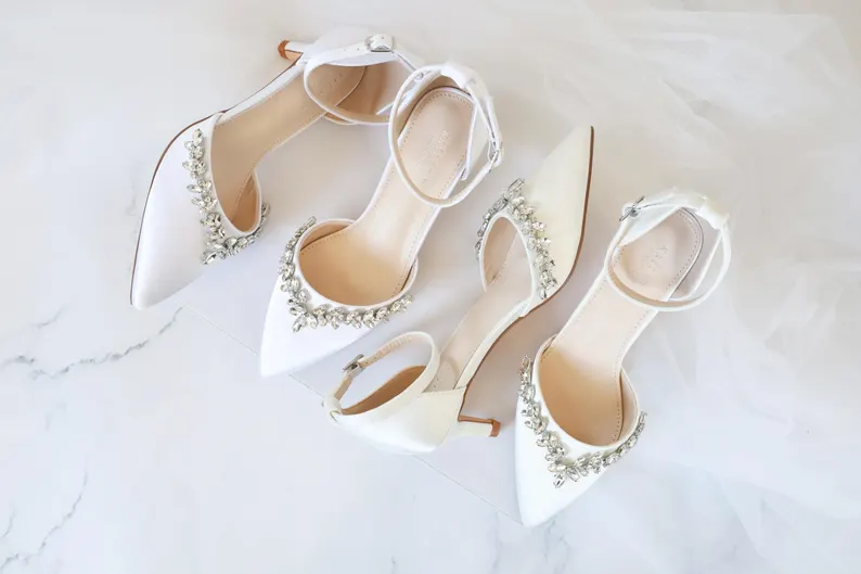 Classic pointed toe wedding heels with kitten heel and rhinestones