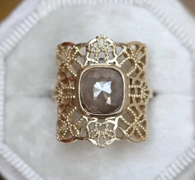 Capucinne rose cut grey diamond engagement ring, 14k gold lace design