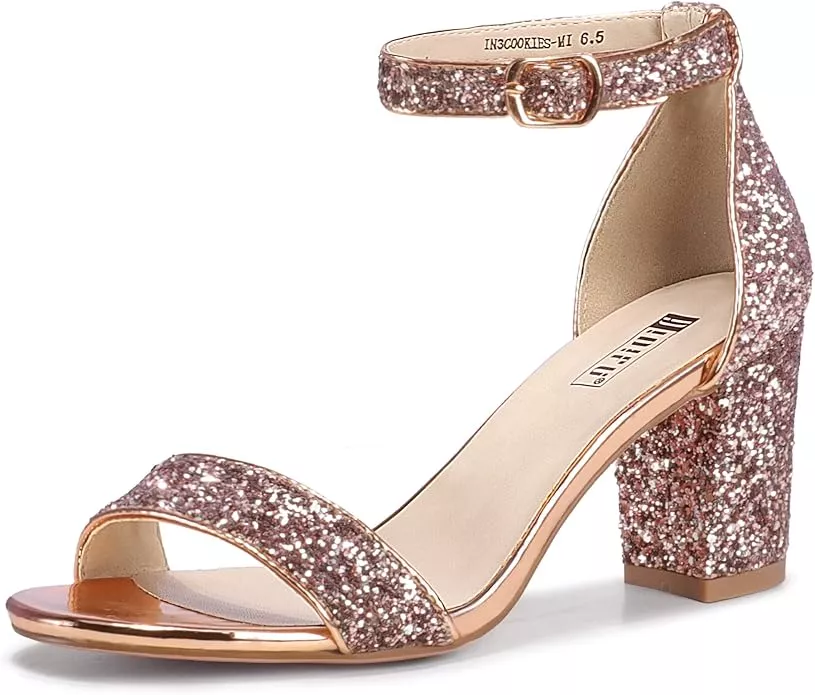 sparkly glitter rose gold block heels