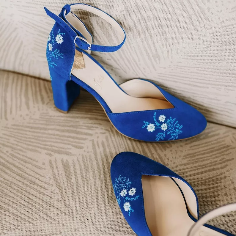 royal blue block heels with embroidery