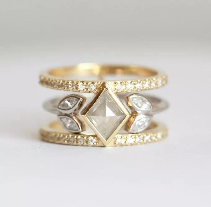 Capucinne salt and pepper kite diamond ring set, 14k gold geometric engagement ring