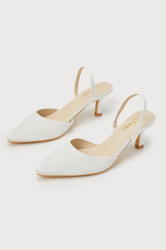 Ivory satin slingback pumps with low heel