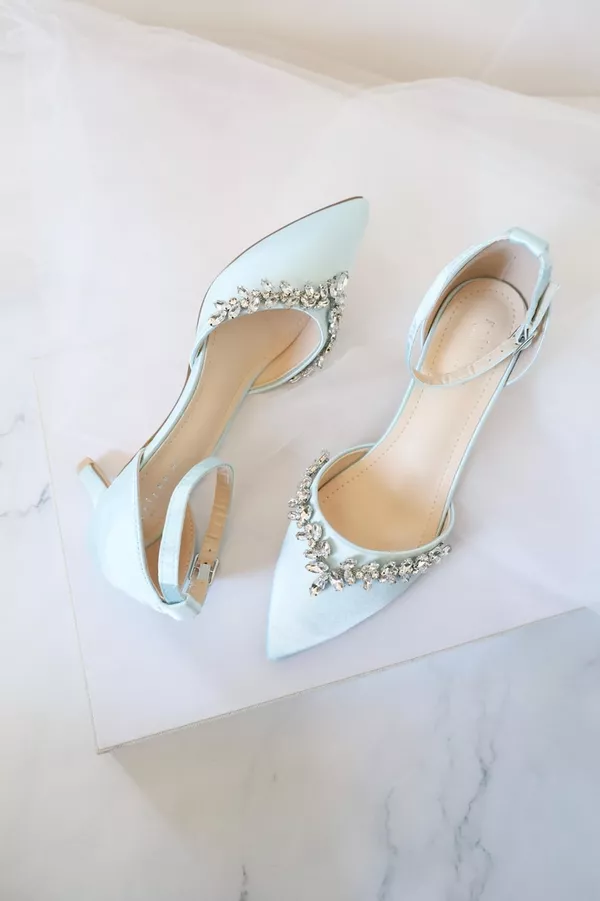 Light blue kitten heels with rhinestones for a bride's something blue