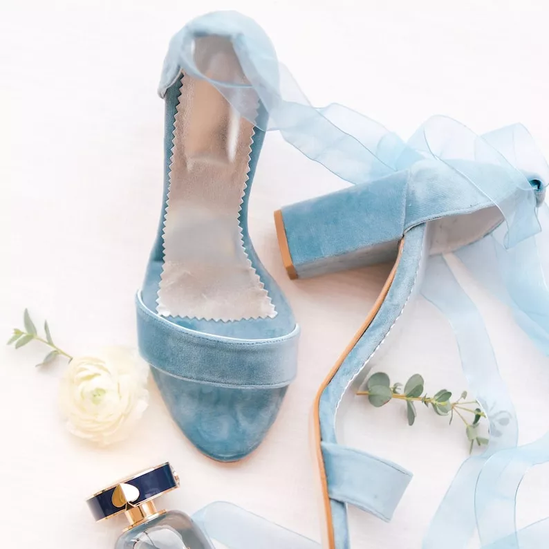 Dusty blue suede block heel sandals for bride, soft neutral something blue wedding shoes