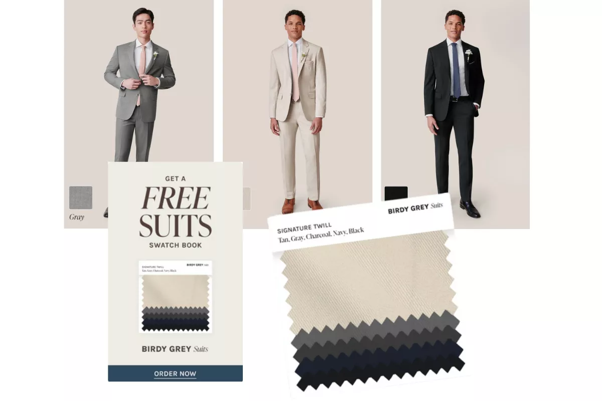 Free groomsmen suit swatches showing navy, gray, and black fabric samples for wedding coordination